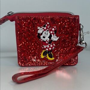 Disney Red Glitter Minnie Mouse Wallet / Wristlet Zipper Closure Small